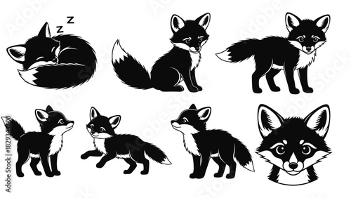 Monochrome Cartoon Fox Set Illustration in Various Poses with a Clean, Modern Design