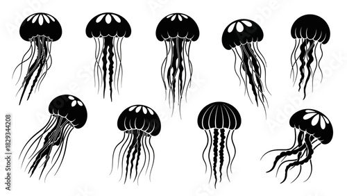 Collection of stylized jellyfish silhouettes isolated on a white background for design purposes
