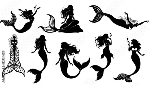 Enchanting Silhouette Collection of Mermaids in Various Poses for Fantasy Illustration