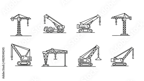 Construction crane line icons vector set featuring various crane designs illustration