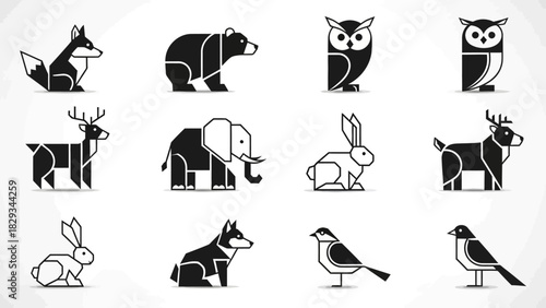 Minimalist geometric animal icons collection featuring fox, bear, owl, deer and rabbit