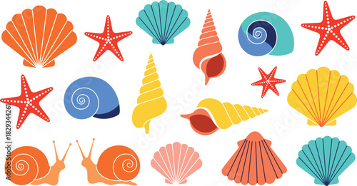 Colorful Flat Vector Sea Life Collection Featuring Scallop Shells, Spiral Seashells, Starfish, and Snails for Summer Beach Vacation and Ocean Decoration.