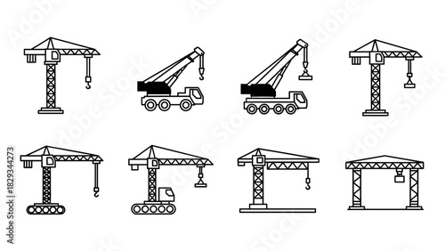 Minimalist construction crane icons representing industrial equipment and building development