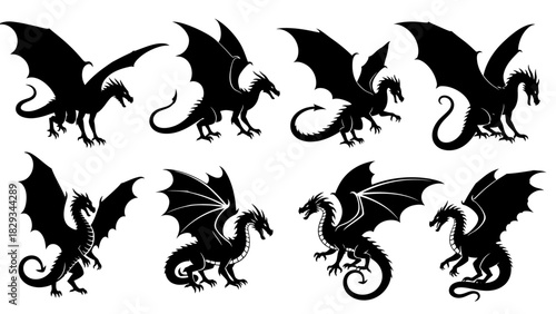 Collection of majestic dragon silhouettes with diverse poses and wing designs