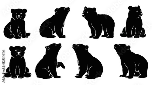 Cute Bear Cub Silhouettes in Various Poses on a White Background Simple Design