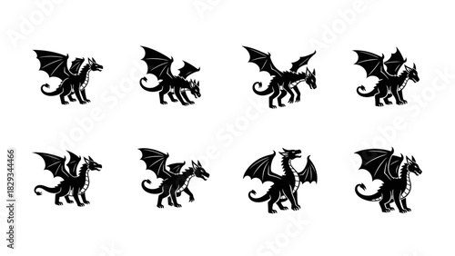 Collection of powerful black dragon silhouettes in various poses perfect for fantasy projects