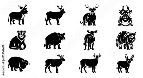 Monochrome Vector Illustration Featuring Diverse Animal Silhouettes on White Background