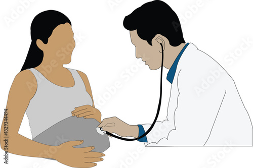 Doctor uses stethoscope to listen to pregnant woman's belly with hands on abdomen medical examination