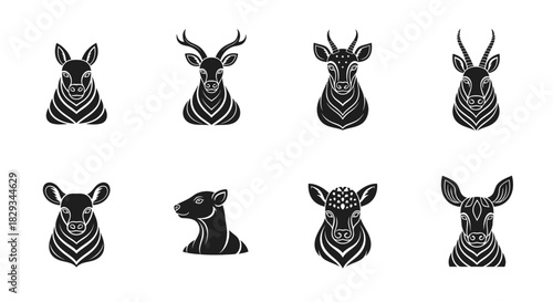 Stylized Collection of Monochrome Animal Portraits and Mammalian Species Depictions