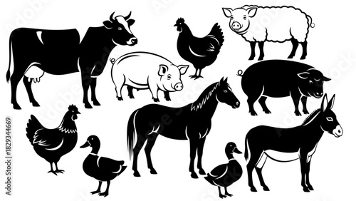 Farm Animals Silhouette Vector Illustration Featuring Cow Horse Pig and Poultry Cartoon Style
