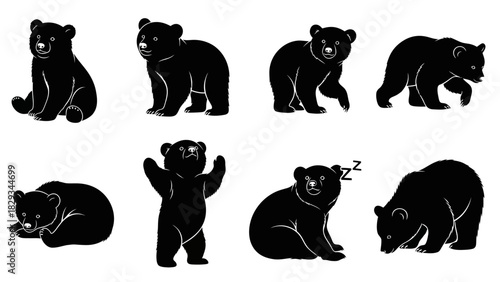 Collection of cute bear cub silhouettes showcasing various poses and expressions