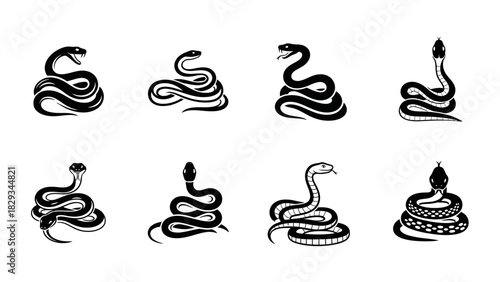 Collection of stylized snake illustrations in black and white for design templates