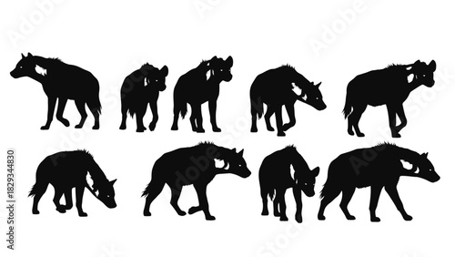 Collection of hyena silhouettes in various poses showcasing wildlife vector art for design projects