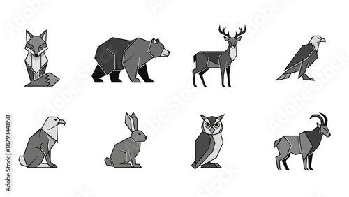 Geometric Animal Illustration Set Featuring Fox, Bear, Deer, Eagle and More Stylized Fauna