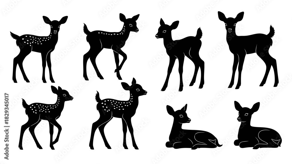 Fototapeta premium Elegant Silhouette Collection of Fawn Illustrations in Various Poses on White Background