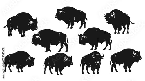 Collection of black silhouette bison illustrations, isolated on a white background, ideal for