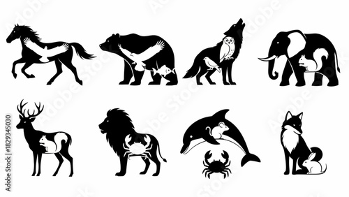 Creative black and white animal illustration showcasing wildlife diversity and artistic design