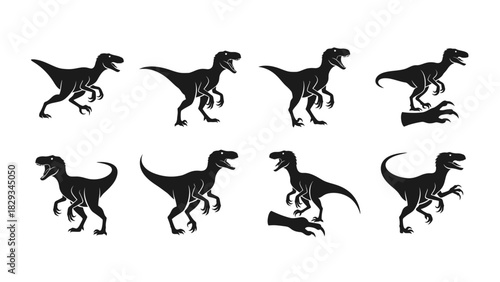 Silhouette collection of velociraptors in various poses vector graphic designs perfect for