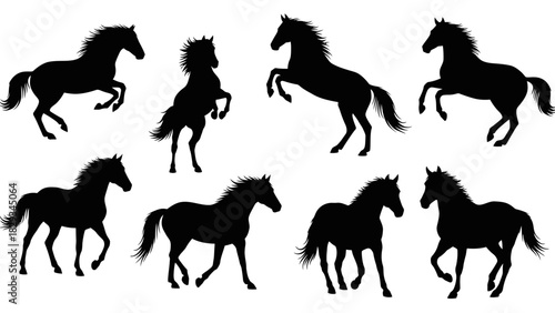Diverse silhouettes of horses in dynamic poses against a stark white backdrop