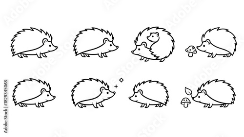 Set of adorable hedgehog illustrations showcasing diverse poses and expressions in minimalist