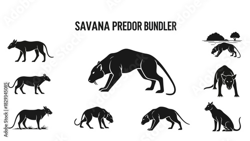 Striking Silhouette Collection of Savanna Predator Wildlife Illustrations Art