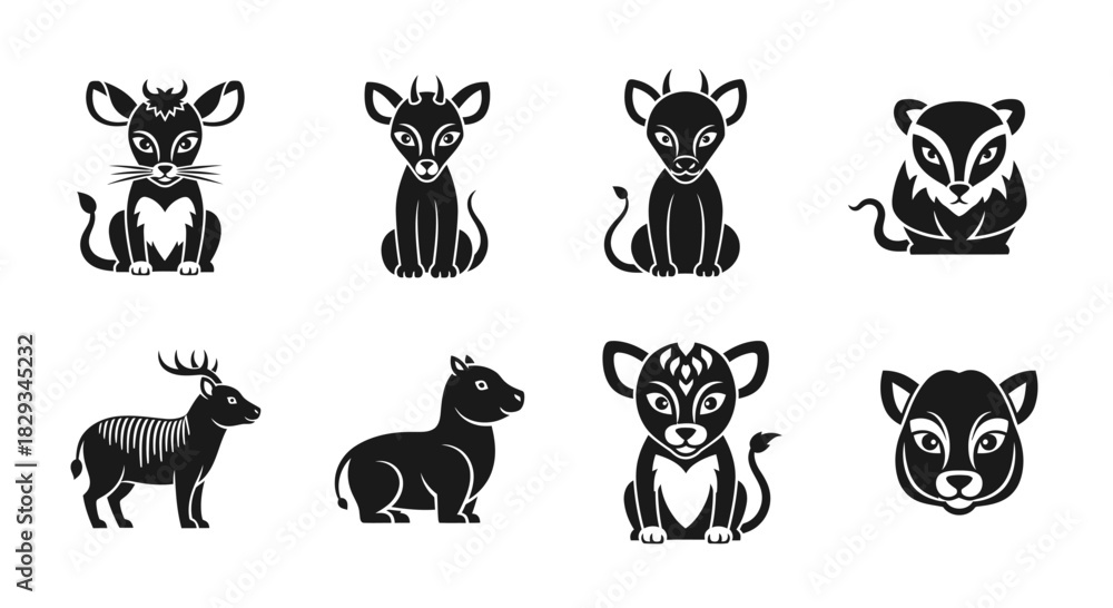Fototapeta premium Elegant vector illustration featuring a collection of eight distinct animal icons presented in a