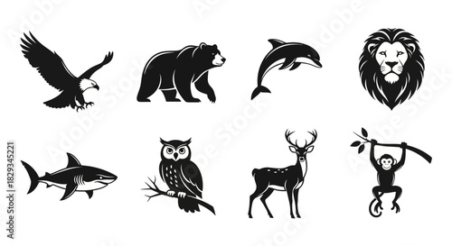 Black and White Animal Silhouettes Collection Depicting Various Species of Wildlife