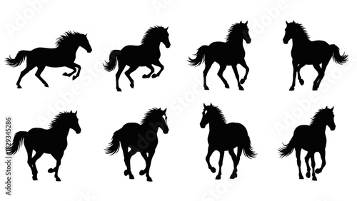 Silhouette Collection of Majestic Horses in Dynamic Poses against a White Background