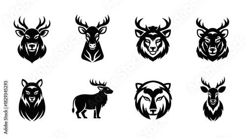 Elegant collection of wildlife logos featuring deer and wolf heads in striking black and white