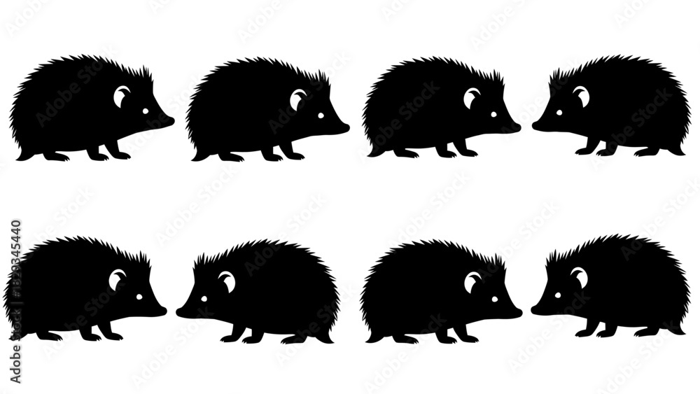 Naklejka premium A pattern with black silhouettes of hedgehogs arranged symmetrically on a white backdrop forming
