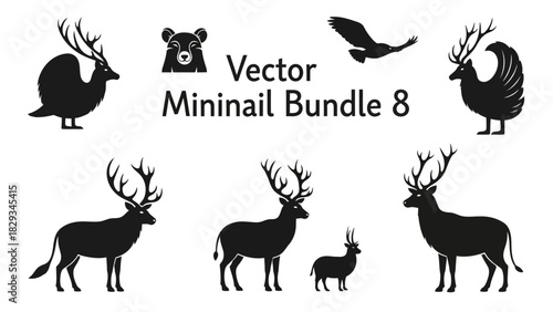 Vector animal silhouette bundle featuring bear eagle deer and abstract bird design