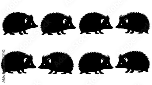 A pattern with black silhouettes of hedgehogs arranged symmetrically on a white backdrop forming