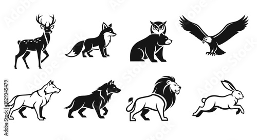 Collection of Wild Animal Vector Silhouettes Including Lion Eagle Wolf Deer Fox Hare Bear and Owl