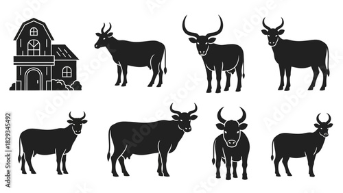 Monochrome silhouettes of farm animals and barn enhance rural aesthetic vector illustration 56