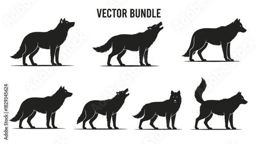 Silhouette Vector Bundle: Diverse Wolf Poses Depicted in Black and White Graphic