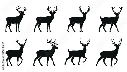 Elegant silhouettes of majestic deer with antlers in various poses conveying wilderness