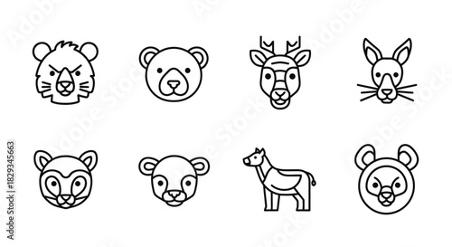 Adorable Animal Icon Set with Tiger Bear Deer Rabbit and Other Cute Creatures