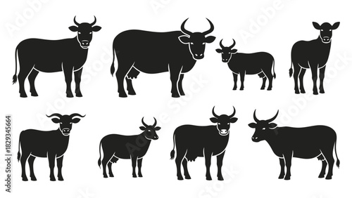 Elegant black and white vector illustration showcasing diverse cow silhouettes, perfect for farm