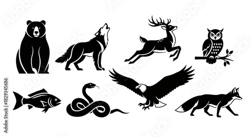 Monochrome set of wildlife animals including mammal, bird, reptiles and fish species illustration