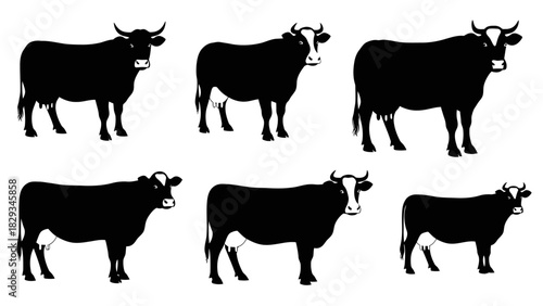 Silhouettes of various cows in different poses creating a seamless background illustration