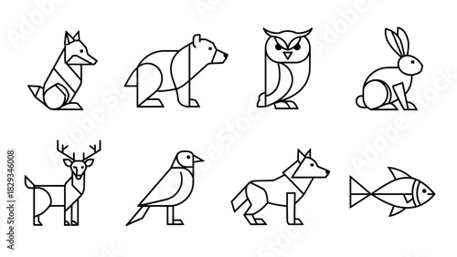 Geometric animal icons illustration, line art drawing of various animals design