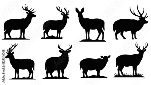 Silhouette Vector Illustration Featuring Different Deer Species in Various Poses Isolated