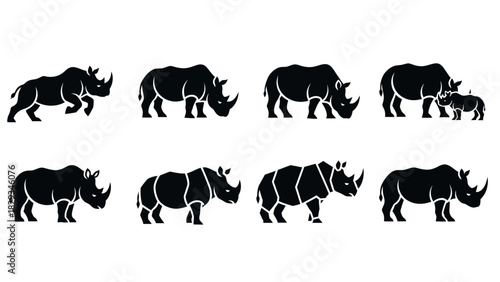 Collection of rhinoceros silhouettes in various poses showcasing animal diversity