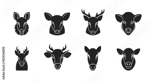 Minimalist silhouette illustration featuring various ungulate animal heads collection