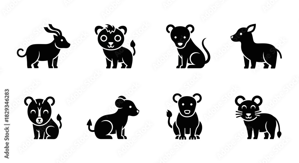 Fototapeta premium Collection of adorable stylized animal icons representing various wild creatures