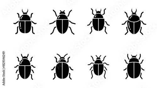 Collection of eight different beetle icons in black silhouette on white background offering