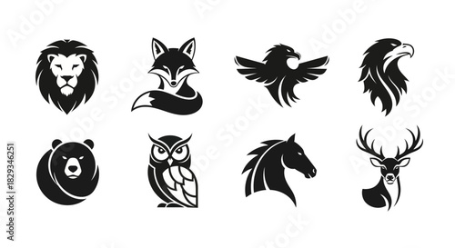 A collection of eight animal silhouette illustrations including a lion, fox, and deer