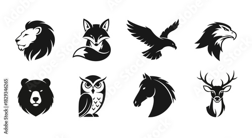 Collection of Black and White Animal Logos Featuring Majestic and Wild Creatures