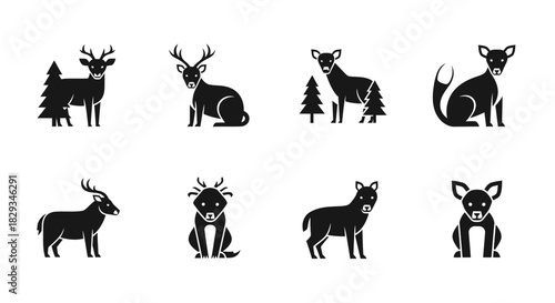 Elegant set of eight deer icons in minimalist black and white design depicting forest animals