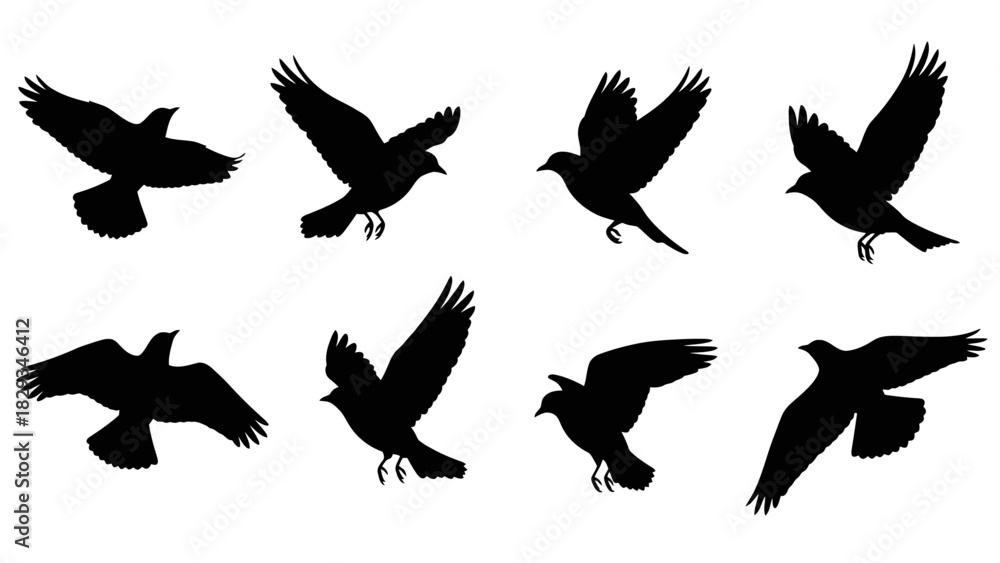 Obraz premium Eight Black Silhouette Birds in Flight Depicted Against a White Background Conveying Freedom
